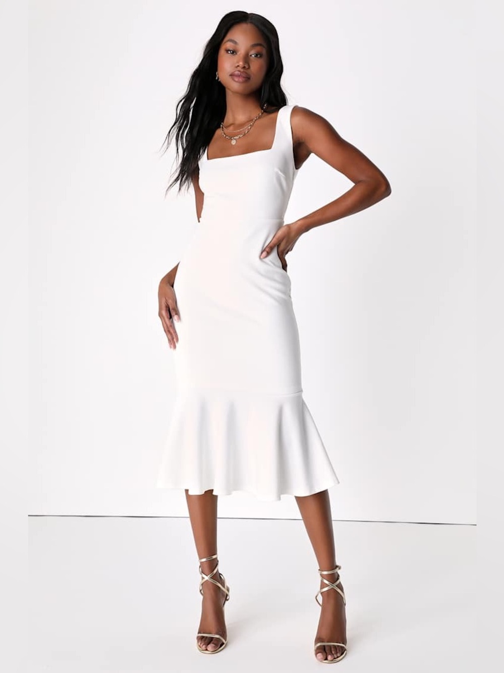 Lulus Moment Maker White Square Neck Trumpet Midi Dress New medium